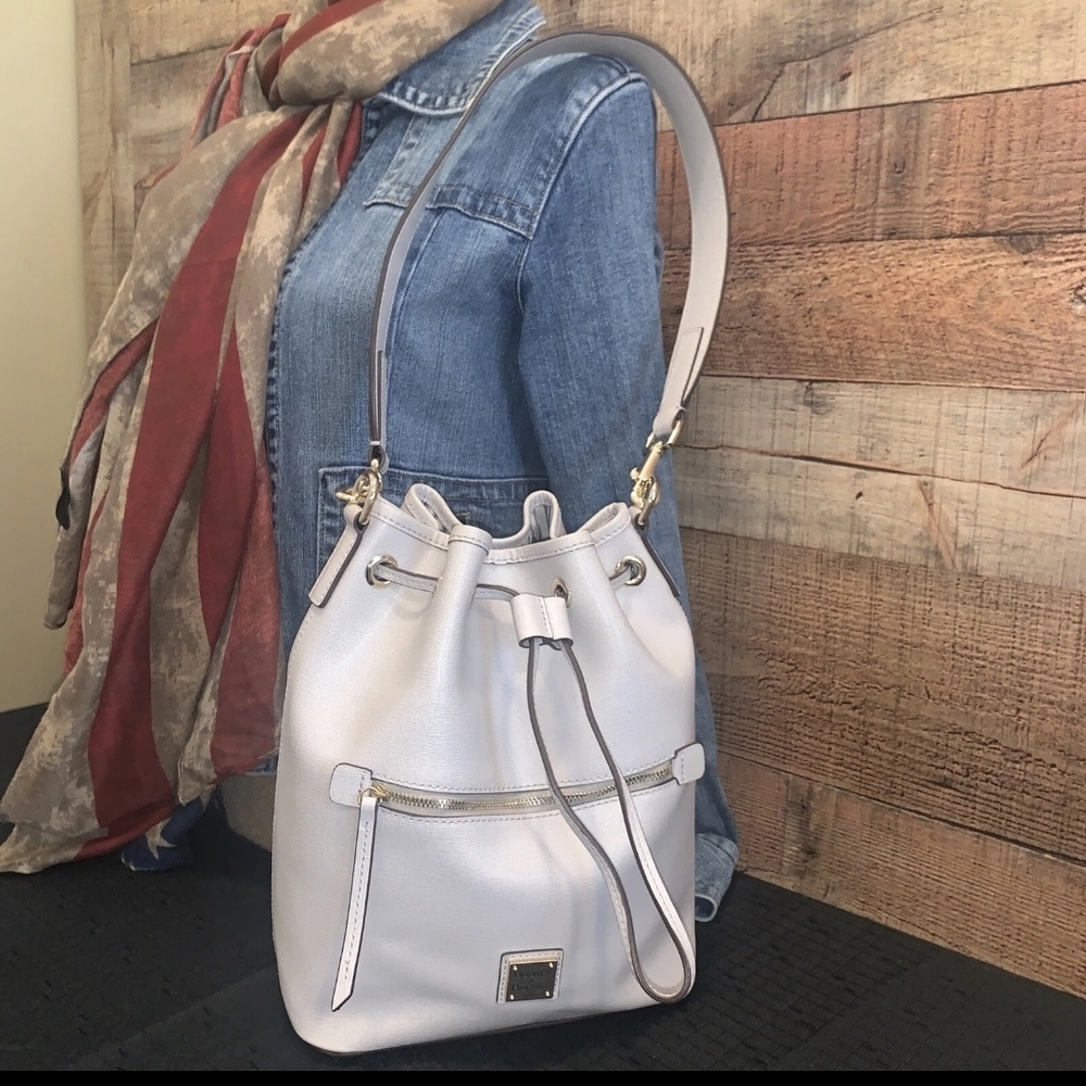DOONEY & BOURKE Saffiano Leather Drawstring Bucket Bag -Ecru- MSRP $298